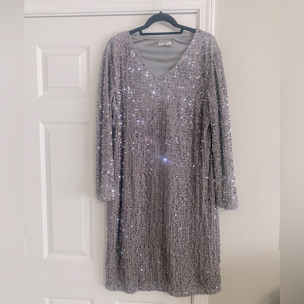 Neck plus size silver sequins dress